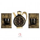 Часы настенные чайник 26,5х24см+2 чашки, корпус черный с золотом "Gold" (2622+2-003)